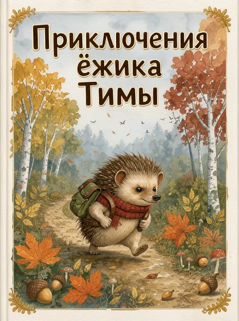Обложка детской книги «Приключения ёжика Тимы»: ёжик с рюкзаком идёт по осеннему лесу, акварельная иллюстрация, названи…
