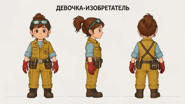 Лист персонажа для мультфильма: девочка-изобретатель с очками на лбу, вид спереди, сбоку и сзади, нейтральный фон.