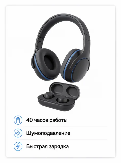 Карточка товара для маркетплейса: беспроводные наушники на белом фоне, три подписи с иконками «40 часов работы», «Шумоп…