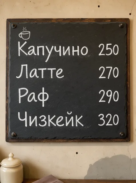 Меню кофейни на грифельной доске, написанное мелом: «Капучино 250», «Латте 270», «Раф 290», «Чизкейк 320». Фото доски н…