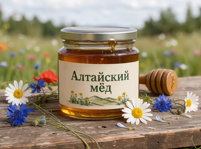Банка мёда с этикеткой «Алтайский мёд» на деревянной доске, полевые цветы рядом, мягкий дневной свет.