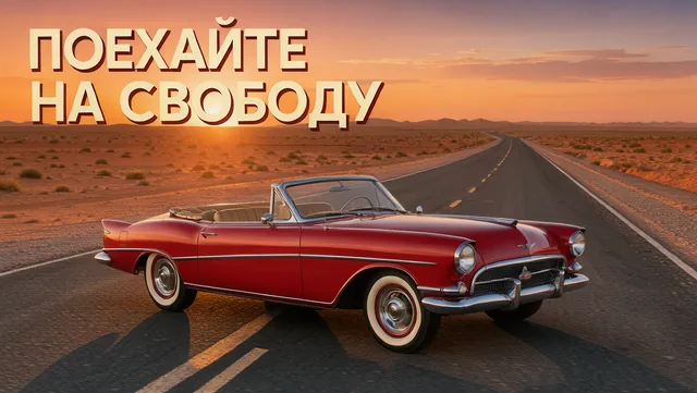 Красный ретро-автомобиль 1960-х на пустой трассе в пустыне, закат, длинные тени, кадр как из рекламы.