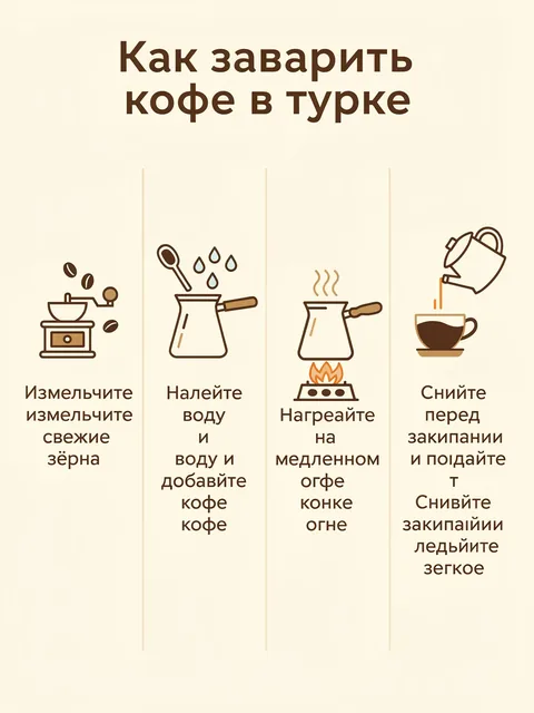 Инфографика на русском языке «Как заварить кофе в турке»: четыре шага с иконками и подписями, светлый фон, аккуратная т…