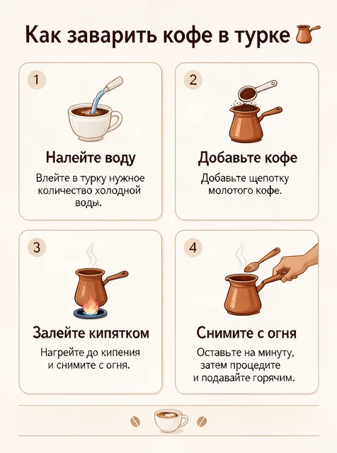 Инфографика на русском языке «Как заварить кофе в турке»: четыре шага с иконками и подписями, светлый фон, аккуратная т…