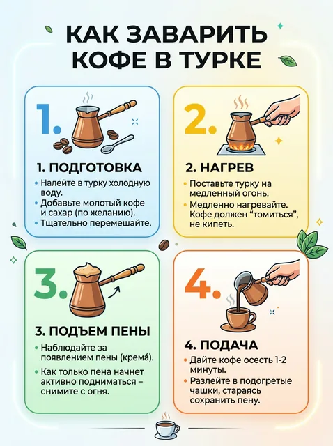 Инфографика на русском языке «Как заварить кофе в турке»: четыре шага с иконками и подписями, светлый фон, аккуратная т…