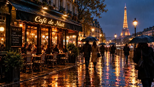 Уличное кафе в Париже под дождём, вывеска «Café de Nuit», люди под зонтами, огни отражаются на брусчатке. Кинематографи…